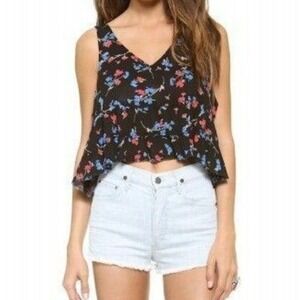 Intimately Free People Black Floral Ruffle Crop Tank Top V-Neck Rayon Small